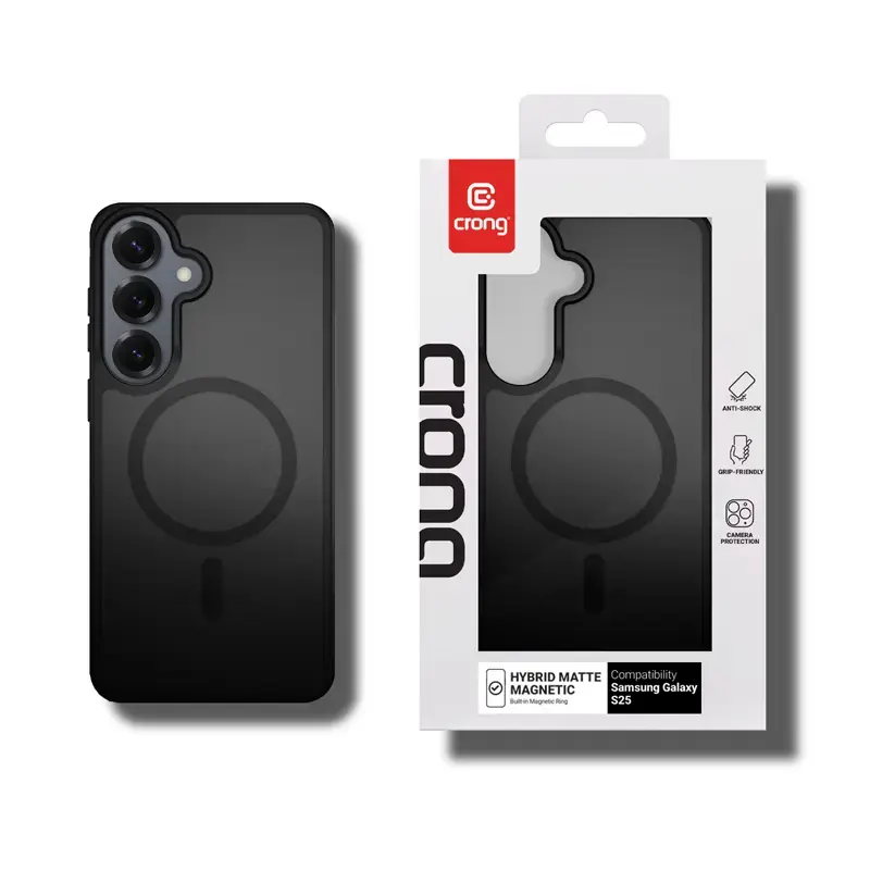 Crong Hybrid Matte Magnetische Hülle für Samsung Galaxy S25 — TPU+PC, magnetische Ringe, schwarz