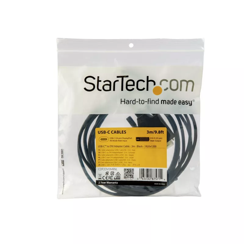 StarTech.com 10ft (3m) USB-C-auf-DVI-Kabel – 1080p (Single Link) USB Type-C (DP Alt Mode HBR2) auf DVI-Digital-Video-Adapterkabel – Funktioniert mit Thunderbolt 3 – Laptop an DVI-Monitor/Anzeige