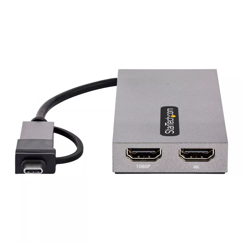 StarTech.com USB-zu-Dual-HDMI-Adapter, USB-A/C auf 2x HDMI-Displays (1x 4K30Hz, 1x 1080p), integrierter USB-A-auf-C-Dongle, 11-cm-Kabel, USB-3.0-zu-HDMI-Display-Adapter, Windows & macOS