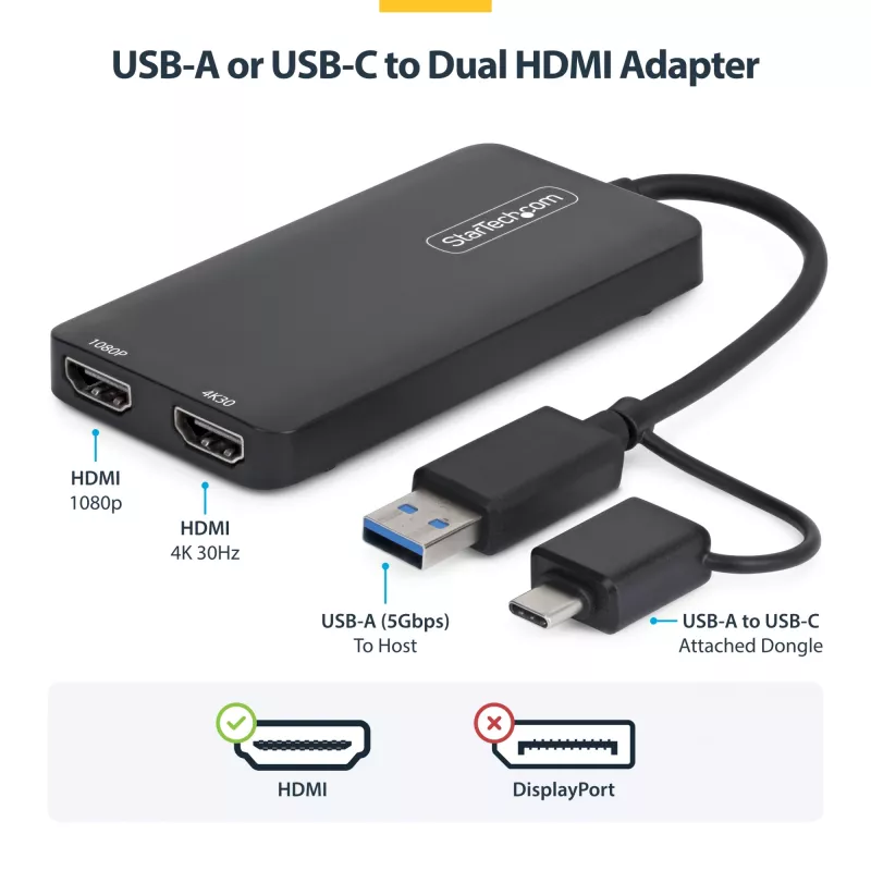 StarTech.com USB-zu-Dual-HDMI-Adapter, USB-A/C auf 2x HDMI-Displays (1x 4K30Hz, 1x 1080p), integrierter USB-A-auf-C-Dongle, 11-cm-Kabel, USB-3.0-zu-HDMI-Display-Adapter, Windows & macOS