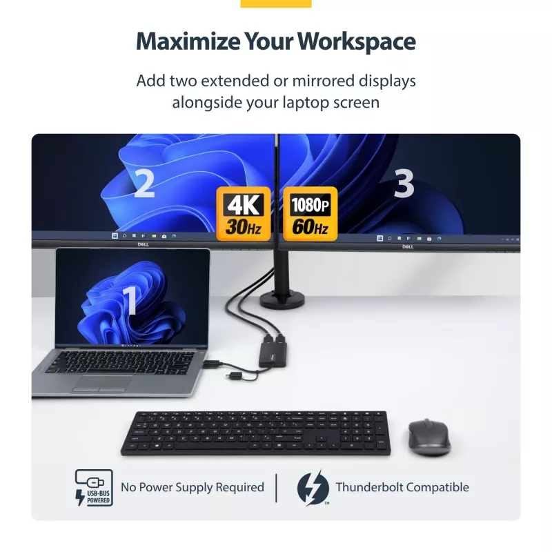 StarTech.com USB-zu-Dual-HDMI-Adapter, USB-A/C auf 2x HDMI-Displays (1x 4K30Hz, 1x 1080p), integrierter USB-A-auf-C-Dongle, 11-cm-Kabel, USB-3.0-zu-HDMI-Display-Adapter, Windows & macOS