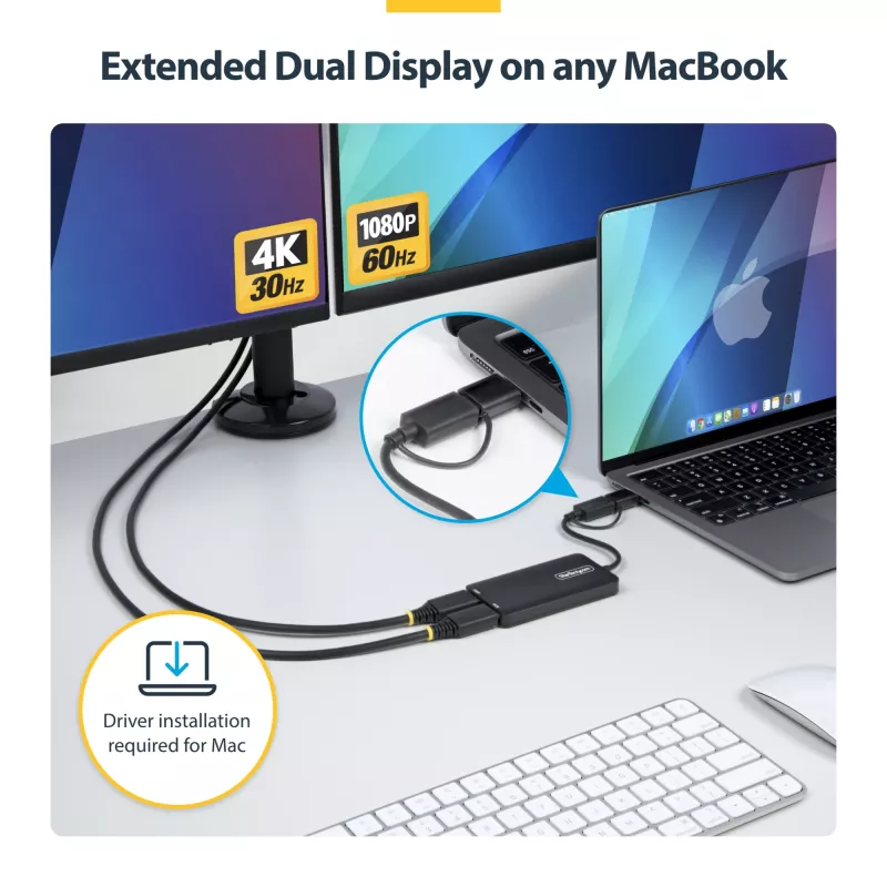 StarTech.com USB-zu-Dual-HDMI-Adapter, USB-A/C auf 2x HDMI-Displays (1x 4K30Hz, 1x 1080p), integrierter USB-A-auf-C-Dongle, 11-cm-Kabel, USB-3.0-zu-HDMI-Display-Adapter, Windows & macOS