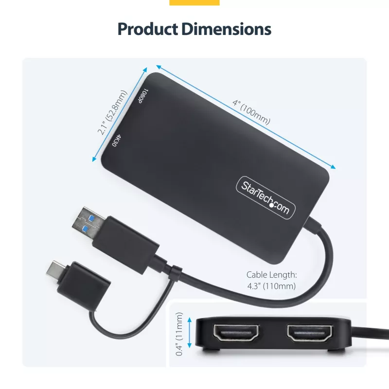 StarTech.com USB-zu-Dual-HDMI-Adapter, USB-A/C auf 2x HDMI-Displays (1x 4K30Hz, 1x 1080p), integrierter USB-A-auf-C-Dongle, 11-cm-Kabel, USB-3.0-zu-HDMI-Display-Adapter, Windows & macOS