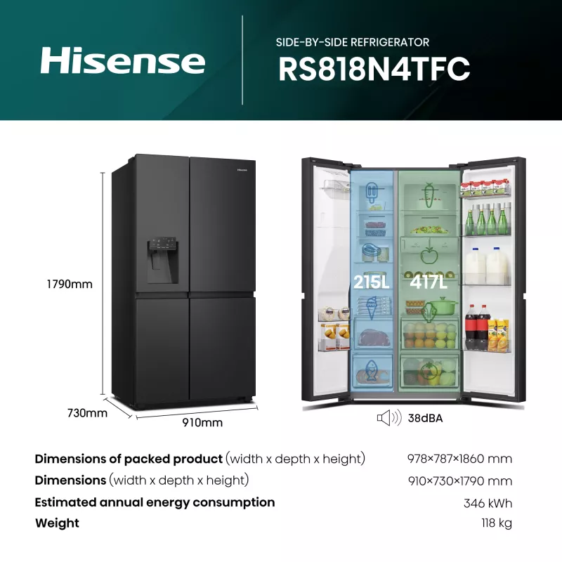 Hisense RS818N4TFC Side-by-Side-Kühlschrank Freistehend 632 L Schwarz, Edelstahl