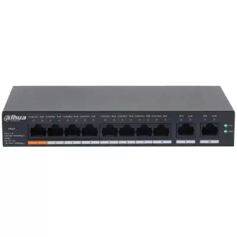 Managed L2 Gigabit PoE Switch DAHUA CS4010-8GT-60 — 10x Gigabit (10/100/1000), 20 Gbit/s, 8000 MAC, Desktop/Wandmontage, Schwarz