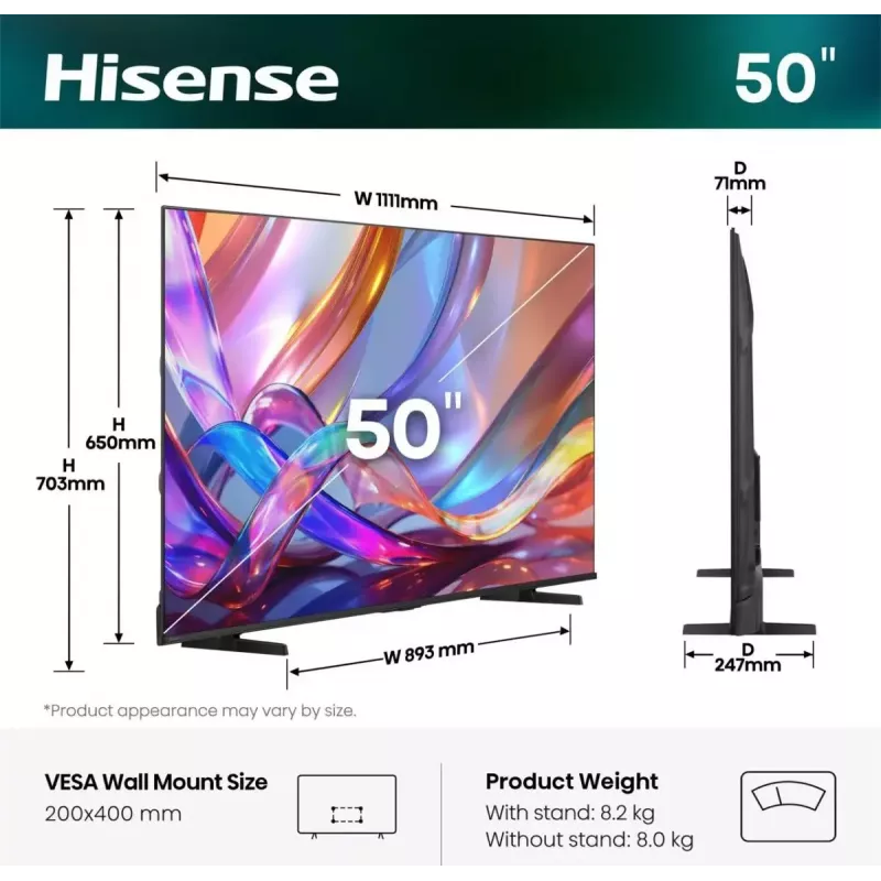 TV Hisense 50Q7S 50 Zoll (127 cm) QLED 4K Ultra HD Smart-TV, Direct-LED, HomeOS, Wi‑Fi, Schwarz