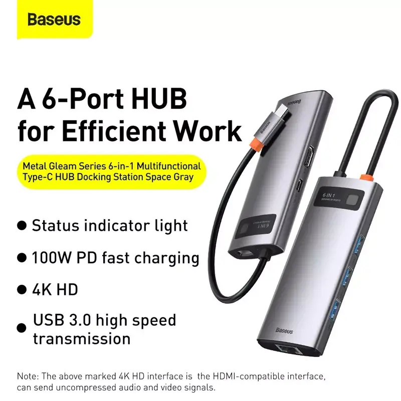 Baseus Metal Gleam USB 3.2 Gen 1 Typ-C Grau 100 W Power Delivery 4K Ultra HD