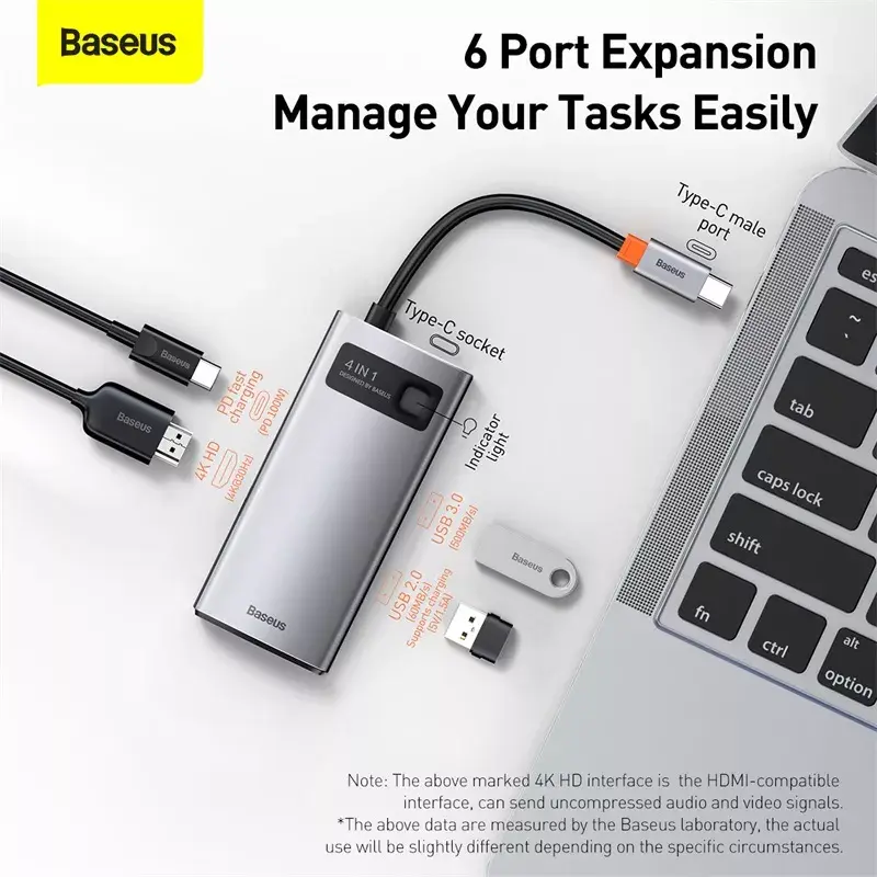 Baseus Metal Gleam USB 3.2 Gen 1 Typ-C Grau 100 W Power Delivery 4K Ultra HD