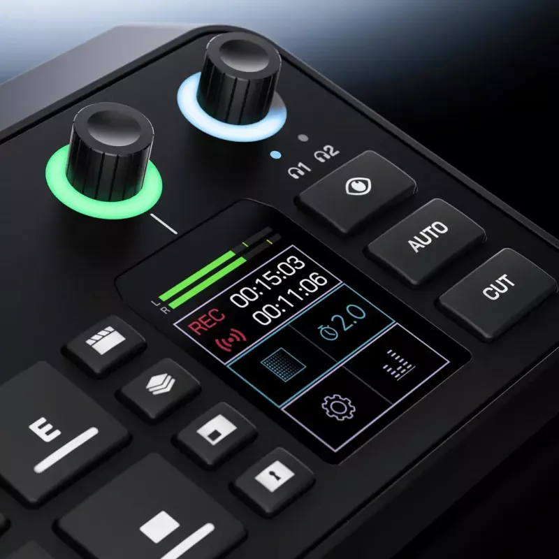 Mehrkanal-Podcast- und Livestream-Produktionskonsole Rode RodeCaster Video S RCVS-E – Touchscreen, Wi‑Fi, Bluetooth 5.3, 5x USB-C, 3x HDMI-Eingang, 1x HDMI-Ausgang, microSD