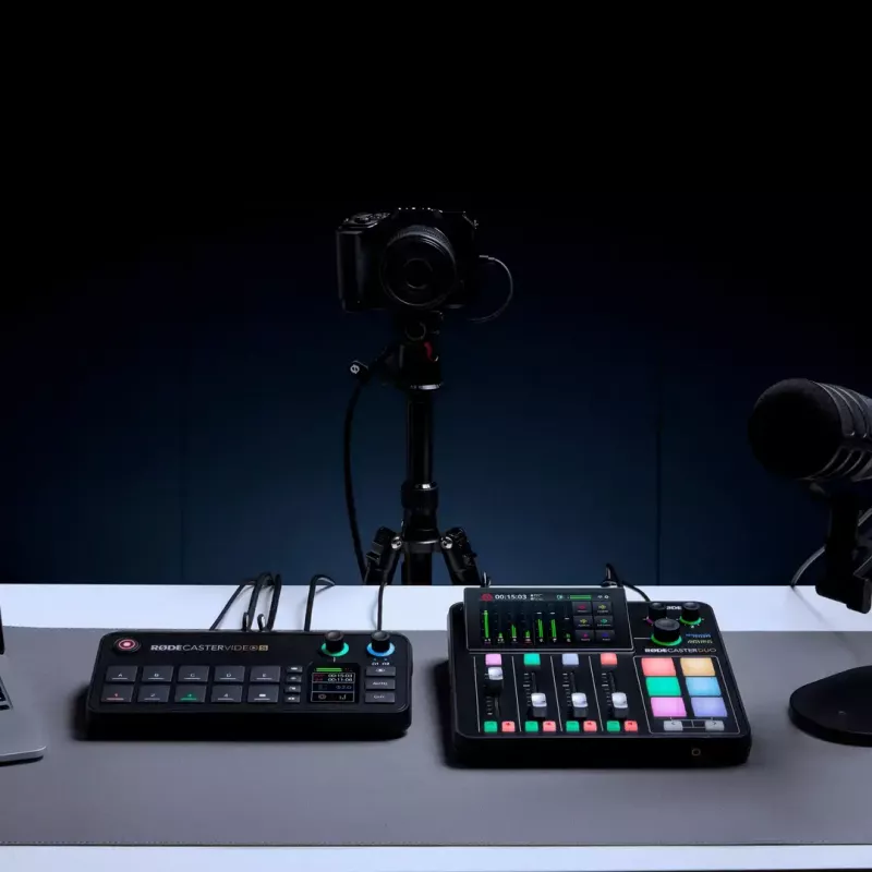 Mehrkanal-Podcast- und Livestream-Produktionskonsole Rode RodeCaster Video S RCVS-E – Touchscreen, Wi‑Fi, Bluetooth 5.3, 5x USB-C, 3x HDMI-Eingang, 1x HDMI-Ausgang, microSD