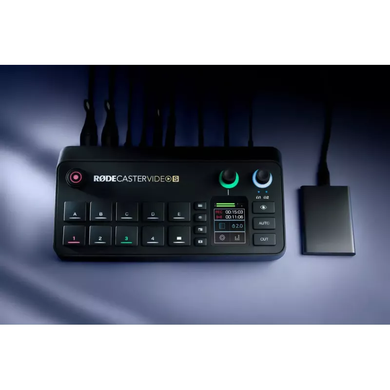 Mehrkanal-Podcast- und Livestream-Produktionskonsole Rode RodeCaster Video S RCVS-E – Touchscreen, Wi‑Fi, Bluetooth 5.3, 5x USB-C, 3x HDMI-Eingang, 1x HDMI-Ausgang, microSD