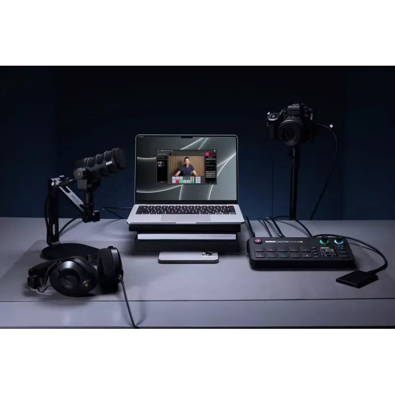 Mehrkanal-Podcast- und Livestream-Produktionskonsole Rode RodeCaster Video S RCVS-E – Touchscreen, Wi‑Fi, Bluetooth 5.3, 5x USB-C, 3x HDMI-Eingang, 1x HDMI-Ausgang, microSD