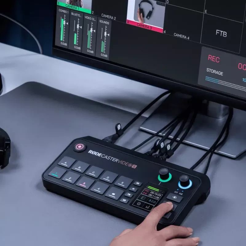 Mehrkanal-Podcast- und Livestream-Produktionskonsole Rode RodeCaster Video S RCVS-E – Touchscreen, Wi‑Fi, Bluetooth 5.3, 5x USB-C, 3x HDMI-Eingang, 1x HDMI-Ausgang, microSD