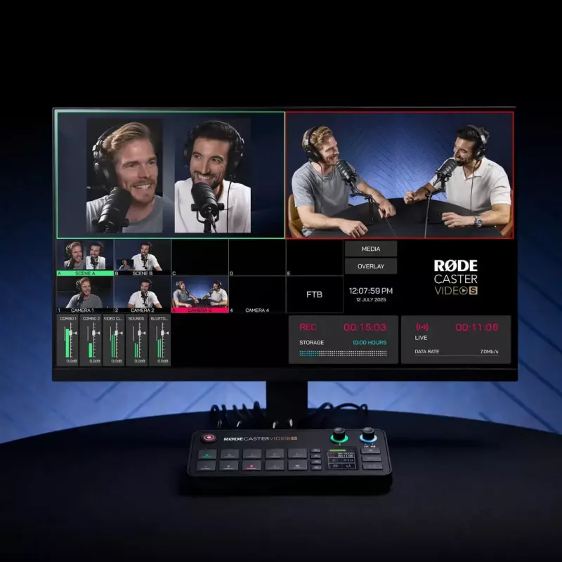 Mehrkanal-Podcast- und Livestream-Produktionskonsole Rode RodeCaster Video S RCVS-E – Touchscreen, Wi‑Fi, Bluetooth 5.3, 5x USB-C, 3x HDMI-Eingang, 1x HDMI-Ausgang, microSD