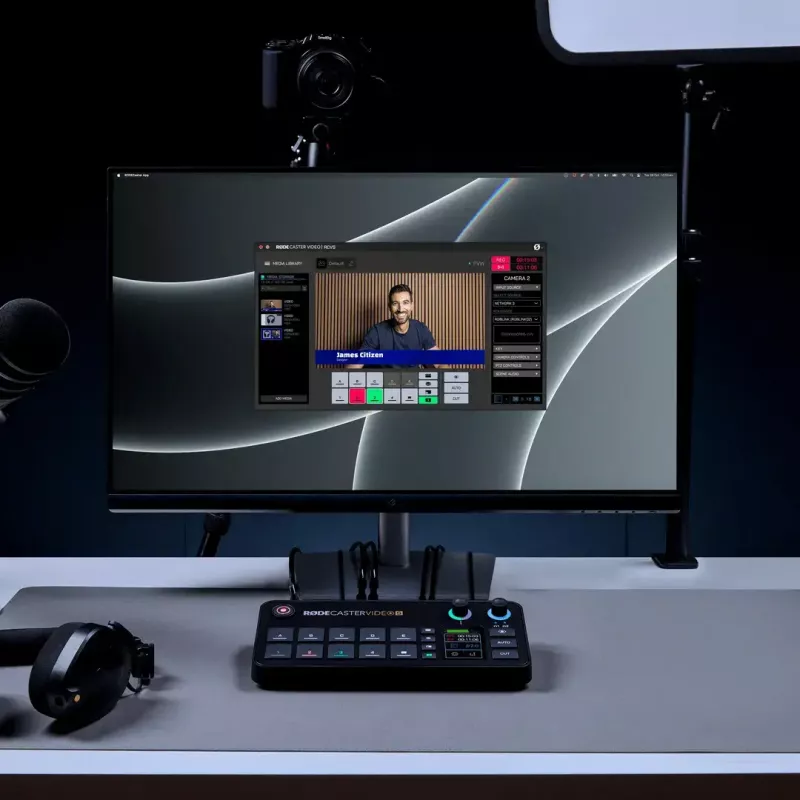 Mehrkanal-Podcast- und Livestream-Produktionskonsole Rode RodeCaster Video S RCVS-E – Touchscreen, Wi‑Fi, Bluetooth 5.3, 5x USB-C, 3x HDMI-Eingang, 1x HDMI-Ausgang, microSD