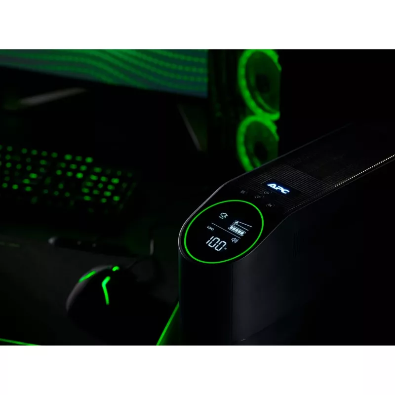 APC Back-UPS Pro for Gaming, 2200VA/1320W, Tower, 230V, 2x UK und 2x IEC C13 Ausgänge, RGB Lichter, Reiner Sinus, Midnight (Schwarz)