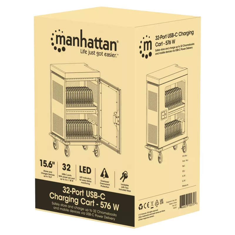 Manhattan iPad bis 13 Zoll, MacBook Air bis 15 Zoll & Chromebook 15,6 Zoll 32-Fach-Ladewagen/-wagen über USB-C, Auch andere Tablets/Smartphones (mit Gerät-zu-USB-C-Kabel), Fächer 404x27,6x283mm, Ladekabel für Geräte nicht im Lieferumfang (empfohlenes USB-C-Kabel 354868), Gehäuse