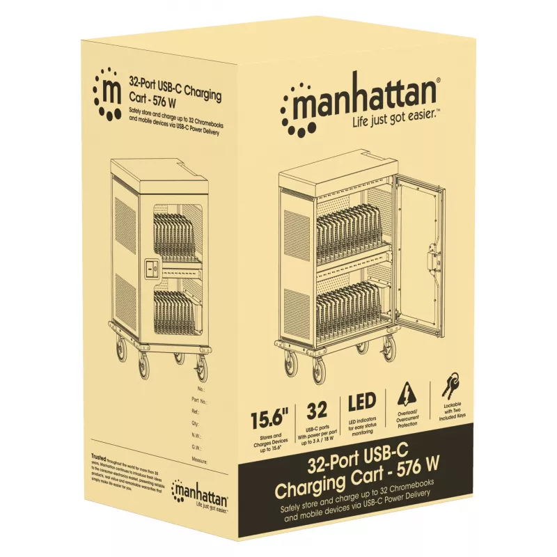Manhattan iPad bis 13 Zoll, MacBook Air bis 15 Zoll & Chromebook 15,6 Zoll 32-Fach-Ladewagen/-wagen über USB-C, Auch andere Tablets/Smartphones (mit Gerät-zu-USB-C-Kabel), Fächer 404x27,6x283mm, Ladekabel für Geräte nicht im Lieferumfang (empfohlenes USB-C-Kabel 354868), Gehäuse