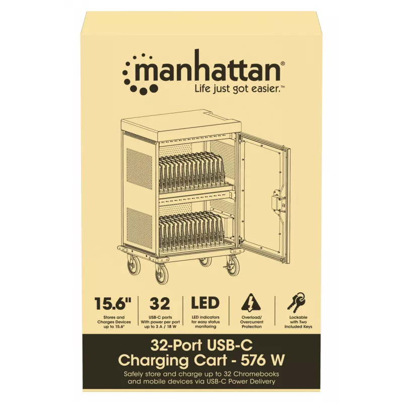 Manhattan iPad bis 13 Zoll, MacBook Air bis 15 Zoll & Chromebook 15,6 Zoll 32-Fach-Ladewagen/-wagen über USB-C, Auch andere Tablets/Smartphones (mit Gerät-zu-USB-C-Kabel), Fächer 404x27,6x283mm, Ladekabel für Geräte nicht im Lieferumfang (empfohlenes USB-C-Kabel 354868), Gehäuse