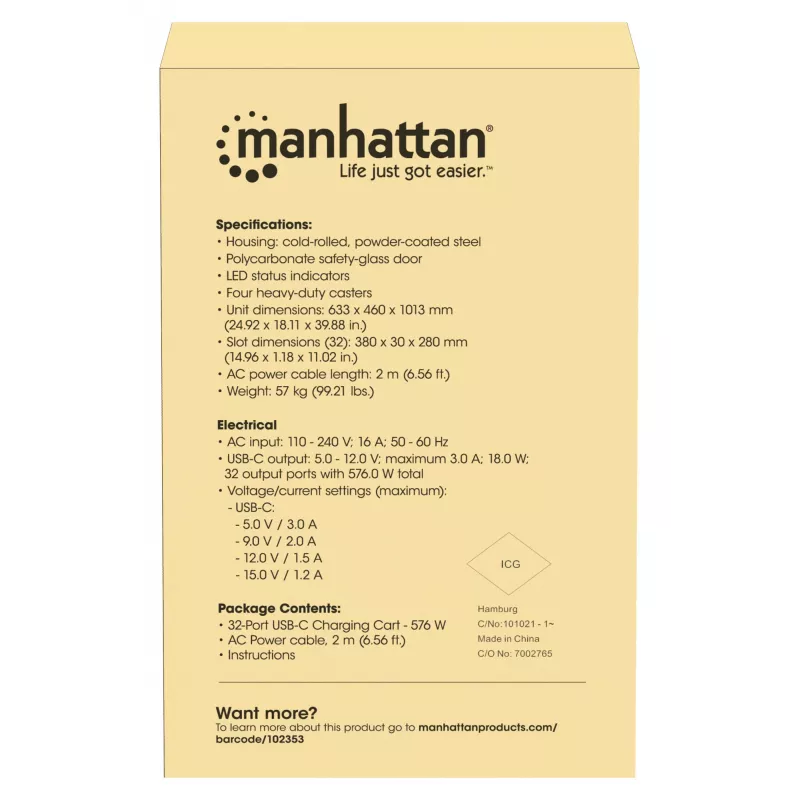 Manhattan iPad bis 13 Zoll, MacBook Air bis 15 Zoll & Chromebook 15,6 Zoll 32-Fach-Ladewagen/-wagen über USB-C, Auch andere Tablets/Smartphones (mit Gerät-zu-USB-C-Kabel), Fächer 404x27,6x283mm, Ladekabel für Geräte nicht im Lieferumfang (empfohlenes USB-C-Kabel 354868), Gehäuse