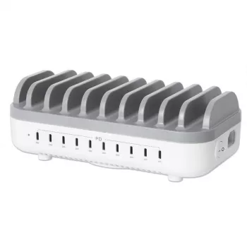 Manhattan 10-Port USB-C-Ladestation, USB-C Ausgang: 10x 20 W, max. 200 W, Netzstrom AC (inkl. US/EU/UK-Adapter)