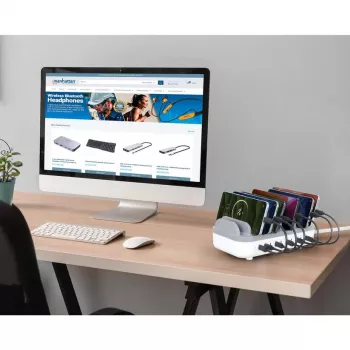 Manhattan 10-Port USB-C-Ladestation, USB-C Ausgang: 10x 20 W, max. 200 W, Netzstrom AC (inkl. US/EU/UK-Adapter)