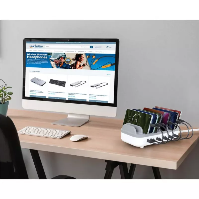 Manhattan 10-Port USB-C-Ladestation, USB-C Ausgang: 10x 20 W, max. 200 W, Netzstrom AC (inkl. US/EU/UK-Adapter)