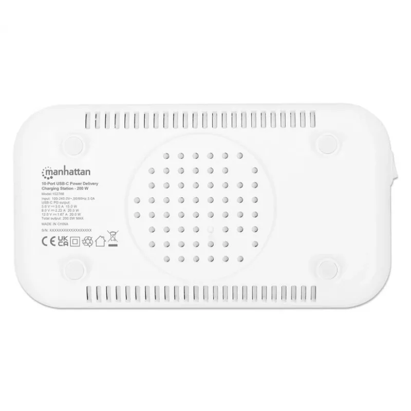 Manhattan 10-Port USB-C-Ladestation, USB-C Ausgang: 10x 20 W, max. 200 W, Netzstrom AC (inkl. US/EU/UK-Adapter)