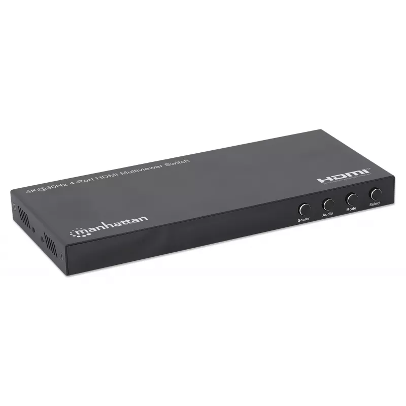 Manhattan 4K 4-Port HDMI Multiviewer Switch, Switch mit vier Eingängen auf einem Display, 4K@30Hz, mehrere Anzeigeoptionen einschließlich Bild-in-Bild und Dual-/Quad-Screen, Tasten- oder Fernbedienung, 3,5-mm- und Toslink-Audio, Schwarz, 3 Jahre Garantie