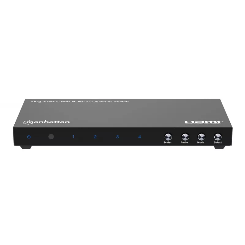 Manhattan 4K 4-Port HDMI Multiviewer Switch, Switch mit vier Eingängen auf einem Display, 4K@30Hz, mehrere Anzeigeoptionen einschließlich Bild-in-Bild und Dual-/Quad-Screen, Tasten- oder Fernbedienung, 3,5-mm- und Toslink-Audio, Schwarz, 3 Jahre Garantie