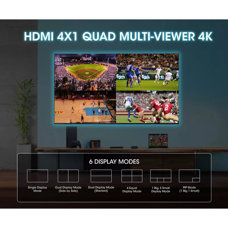 Manhattan 4K 4-Port HDMI Multiviewer Switch, Switch mit vier Eingängen auf einem Display, 4K@30Hz, mehrere Anzeigeoptionen einschließlich Bild-in-Bild und Dual-/Quad-Screen, Tasten- oder Fernbedienung, 3,5-mm- und Toslink-Audio, Schwarz, 3 Jahre Garantie
