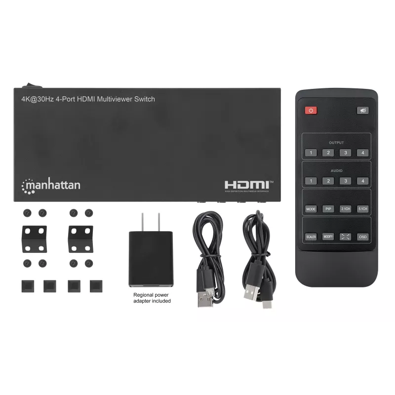 Manhattan 4K 4-Port HDMI Multiviewer Switch, Switch mit vier Eingängen auf einem Display, 4K@30Hz, mehrere Anzeigeoptionen einschließlich Bild-in-Bild und Dual-/Quad-Screen, Tasten- oder Fernbedienung, 3,5-mm- und Toslink-Audio, Schwarz, 3 Jahre Garantie