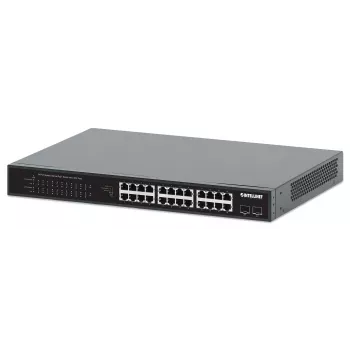 Intellinet 24-Port Gigabit Ethernet PoE+ Switch mit 2 SFP Ports IEEE 802.3at/af (PoE+/PoE) konform, PoE-Leistungsbudget von 370 W, zwei 1G SFP offene Steckplätze, 19 Zoll Rackmount