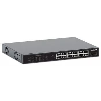 Intellinet 24-Port Gigabit Ethernet PoE+ Switch mit 2 SFP Ports IEEE 802.3at/af (PoE+/PoE) konform, PoE-Leistungsbudget von 370 W, zwei 1G SFP offene Steckplätze, 19 Zoll Rackmount
