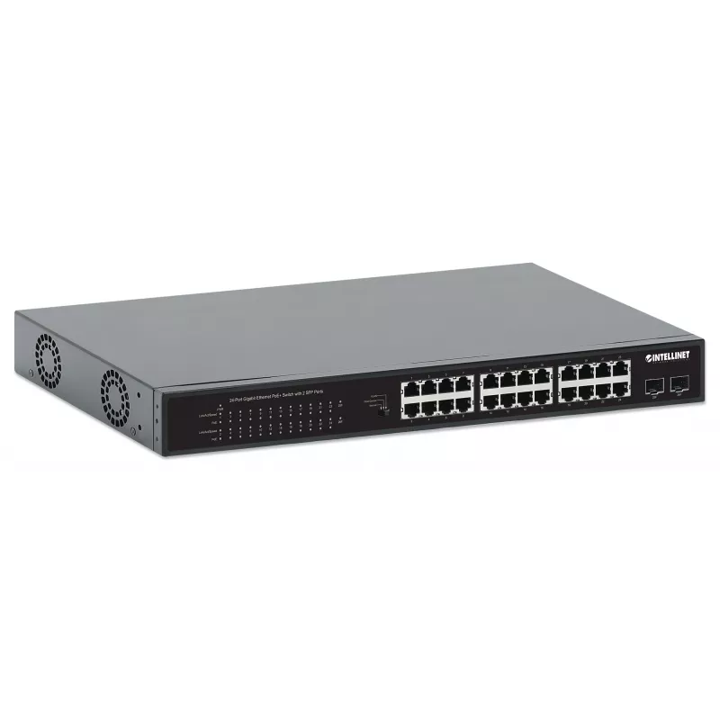 Intellinet 24-Port Gigabit Ethernet PoE+ Switch mit 2 SFP Ports IEEE 802.3at/af (PoE+/PoE) konform, PoE-Leistungsbudget von 370 W, zwei 1G SFP offene Steckplätze, 19 Zoll Rackmount