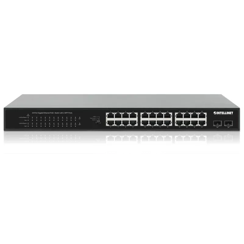 Intellinet 24-Port Gigabit Ethernet PoE+ Switch mit 2 SFP Ports IEEE 802.3at/af (PoE+/PoE) konform, PoE-Leistungsbudget von 370 W, zwei 1G SFP offene Steckplätze, 19 Zoll Rackmount