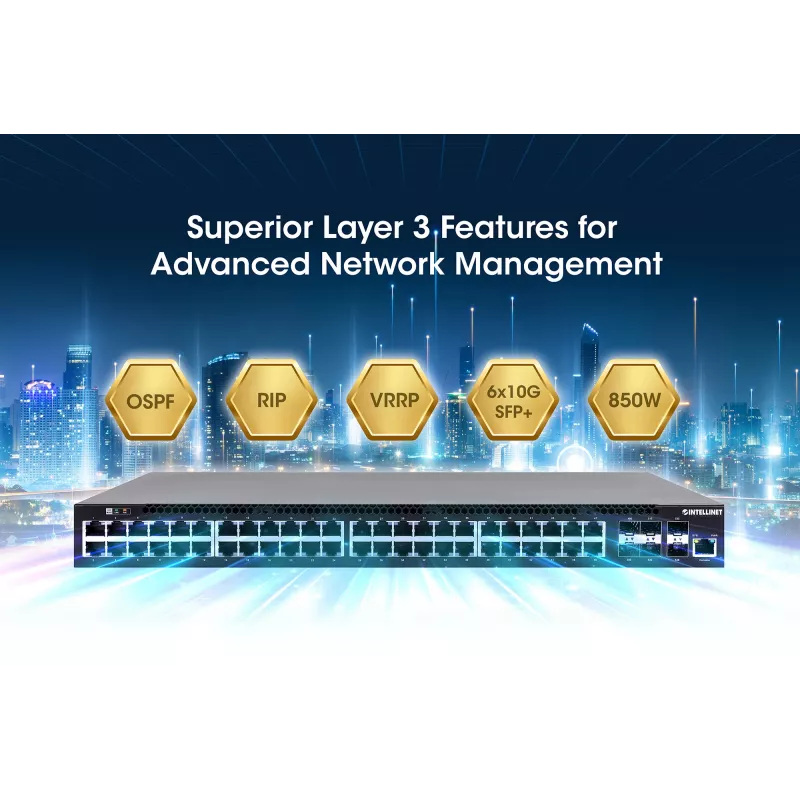 Intellinet 54-Port L3 Fully Managed PoE+ Switch mit 48 Gigabit Ethernet Ports und 6 SFP+ Uplinks