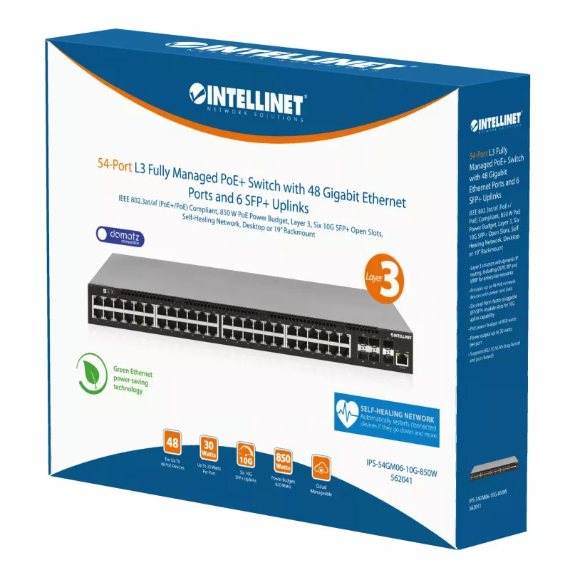 Intellinet 54-Port L3 Fully Managed PoE+ Switch mit 48 Gigabit Ethernet Ports und 6 SFP+ Uplinks