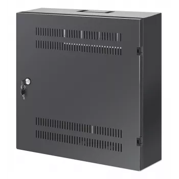 Intellinet Low-Profile 19-Zoll-Wandmontageschrank mit 4U horizontalen und 2U vertikalen Schienen, schlankes, platzsparendes Gehäuse mit nur 170 mm Tiefe, ideal für AV-, Multimedia- und Überwachungsanwendungen, montiert, Schwarz RAL 7021