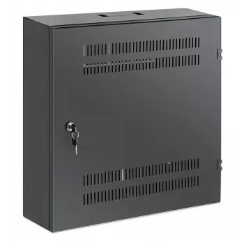 Intellinet Low-Profile 19-Zoll-Wandmontageschrank mit 4U horizontalen und 2U vertikalen Schienen, schlankes, platzsparendes Gehäuse mit nur 170 mm Tiefe, ideal für AV-, Multimedia- und Überwachungsanwendungen, montiert, Schwarz RAL 7021