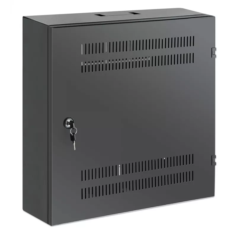 Intellinet Low-Profile 19-Zoll-Wandmontageschrank mit 4U horizontalen und 2U vertikalen Schienen, schlankes, platzsparendes Gehäuse mit nur 170 mm Tiefe, ideal für AV-, Multimedia- und Überwachungsanwendungen, montiert, Schwarz RAL 7021