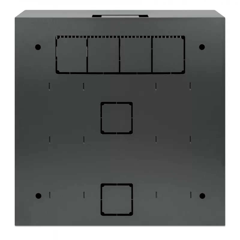 Intellinet Low-Profile 19-Zoll-Wandmontageschrank mit 4U horizontalen und 2U vertikalen Schienen, schlankes, platzsparendes Gehäuse mit nur 170 mm Tiefe, ideal für AV-, Multimedia- und Überwachungsanwendungen, montiert, Schwarz RAL 7021