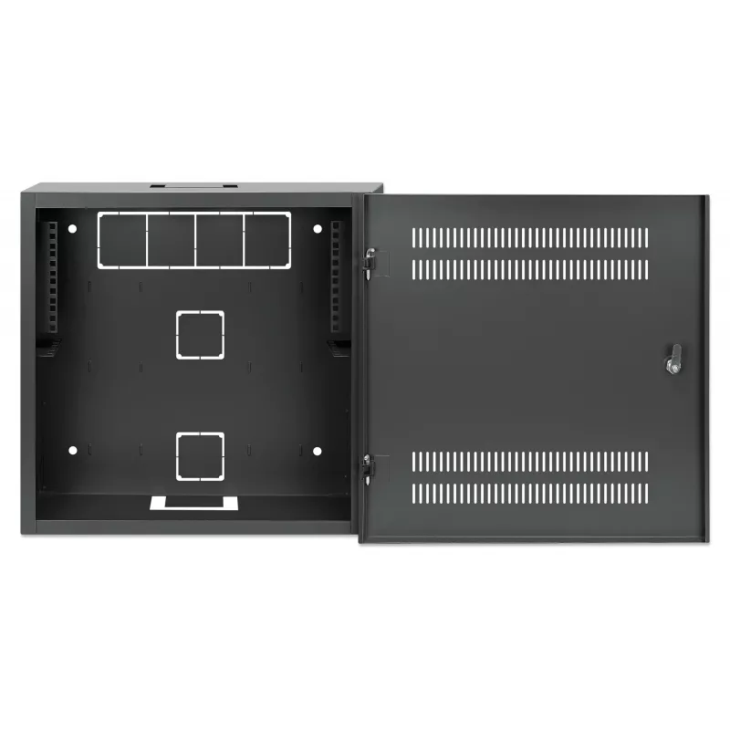 Intellinet Low-Profile 19-Zoll-Wandmontageschrank mit 4U horizontalen und 2U vertikalen Schienen, schlankes, platzsparendes Gehäuse mit nur 170 mm Tiefe, ideal für AV-, Multimedia- und Überwachungsanwendungen, montiert, Schwarz RAL 7021