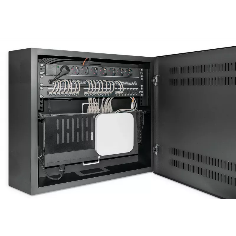 Intellinet Low-Profile 19-Zoll-Wandmontageschrank mit 4U horizontalen und 2U vertikalen Schienen, schlankes, platzsparendes Gehäuse mit nur 170 mm Tiefe, ideal für AV-, Multimedia- und Überwachungsanwendungen, montiert, Schwarz RAL 7021