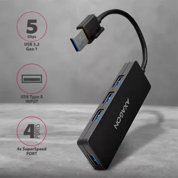 Axagon SuperSpeed USB schlank Hub, USB 3.2 Gen 1 (3.1 Gen 1) Typ-A, USB 3.2 Gen 1 (3.1 Gen 1) Typ-A, 5000 Mbit/s, Schwarz, Kunststoff, 0,14 m