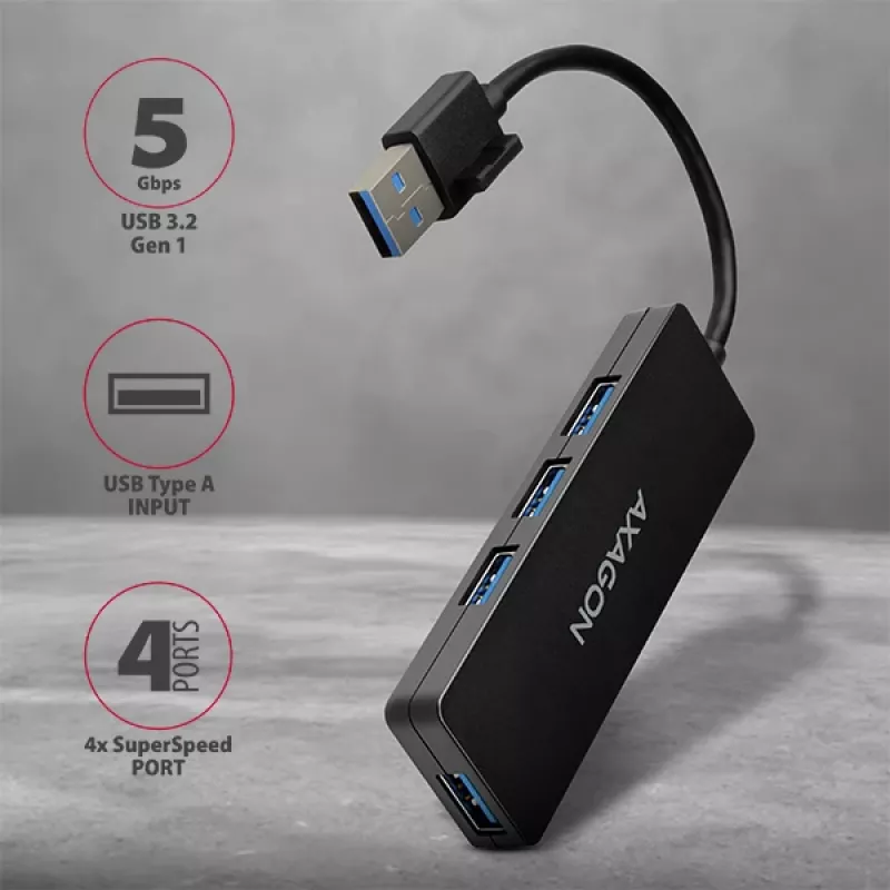Axagon SuperSpeed USB schlank Hub, USB 3.2 Gen 1 (3.1 Gen 1) Typ-A, USB 3.2 Gen 1 (3.1 Gen 1) Typ-A, 5000 Mbit/s, Schwarz, Kunststoff, 0,14 m