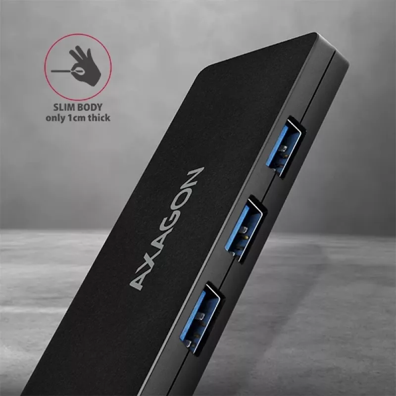 Axagon SuperSpeed USB schlank Hub, USB 3.2 Gen 1 (3.1 Gen 1) Typ-A, USB 3.2 Gen 1 (3.1 Gen 1) Typ-A, 5000 Mbit/s, Schwarz, Kunststoff, 0,14 m