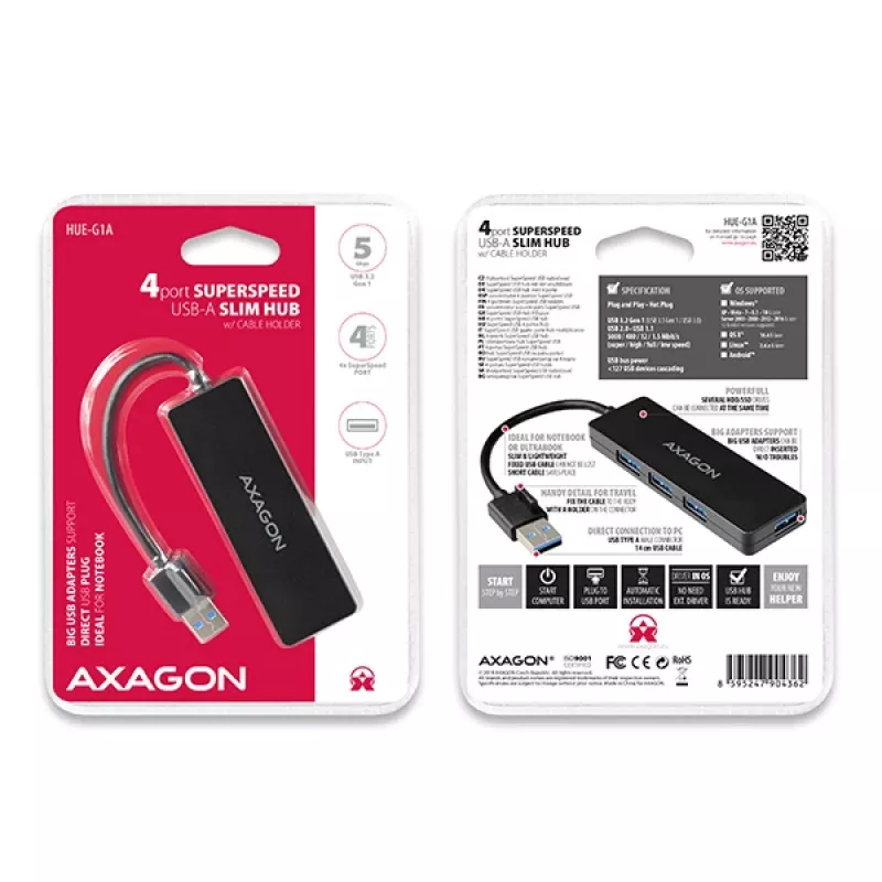 Axagon SuperSpeed USB schlank Hub, USB 3.2 Gen 1 (3.1 Gen 1) Typ-A, USB 3.2 Gen 1 (3.1 Gen 1) Typ-A, 5000 Mbit/s, Schwarz, Kunststoff, 0,14 m