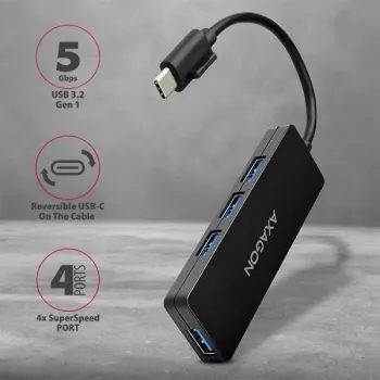 Axagon SuperSpeed USB-C schlank Hub, USB 3.2 Gen 1 (3.1 Gen 1) Typ-C, USB 3.2 Gen 1 (3.1 Gen 1) Typ-A, 5000 Mbit/s, Schwarz, Kunststoff, 0,14 m