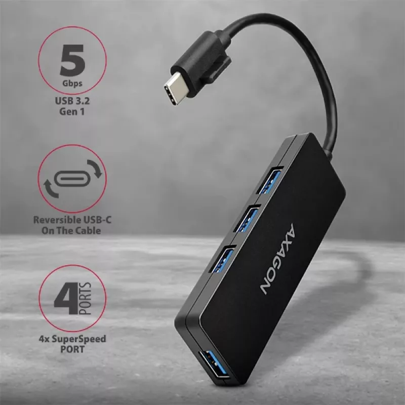 Axagon SuperSpeed USB-C schlank Hub, USB 3.2 Gen 1 (3.1 Gen 1) Typ-C, USB 3.2 Gen 1 (3.1 Gen 1) Typ-A, 5000 Mbit/s, Schwarz, Kunststoff, 0,14 m